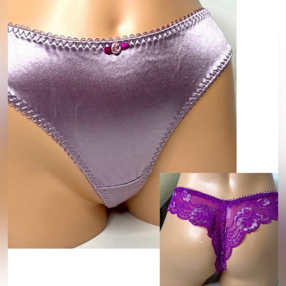 IZA Silky Satin & Lace Stretchy Lavender Purple Cheekini‎ Brazilian Almost Thong - Picture 17 of 17
